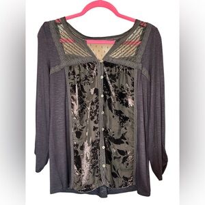 Meadow Rue Charcoal and Burnout Black Velvet and Lace Top Size S Whimsigoth